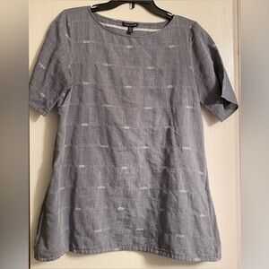 Eileen Fisher Short Sleeve Bateau Embroidered Cotton Tunic Tee Gray Women Small